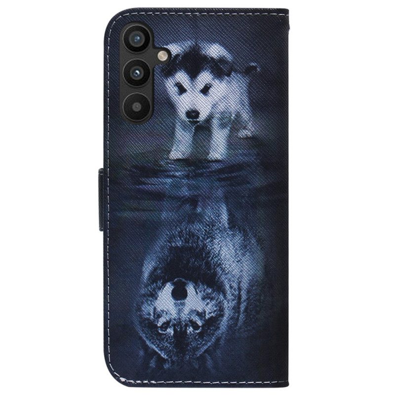 Flip Case voor Samsung Galaxy A34 5G Met Ketting Strappy Aquarel Wolf