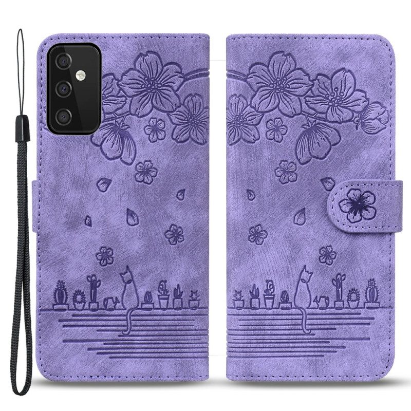 Folio-hoesje voor Samsung Galaxy A34 5G Met Ketting Bloemen String Kat