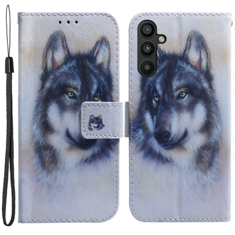 Folio-hoesje voor Samsung Galaxy A34 5G Met Ketting Strappy Aquarel Wolf