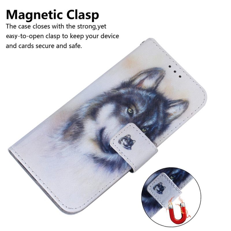 Folio-hoesje voor Samsung Galaxy A34 5G Met Ketting Strappy Aquarel Wolf