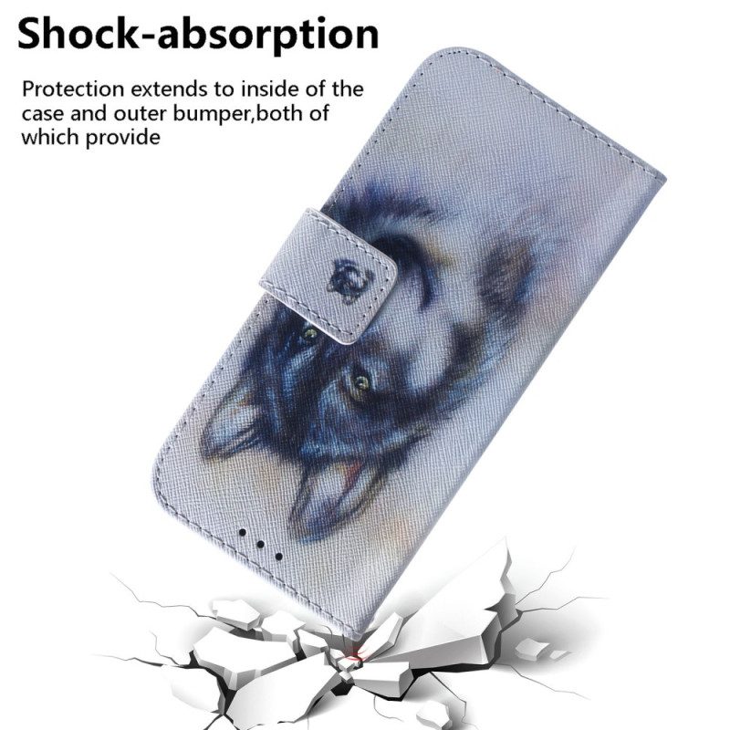 Folio-hoesje voor Samsung Galaxy A34 5G Met Ketting Strappy Aquarel Wolf