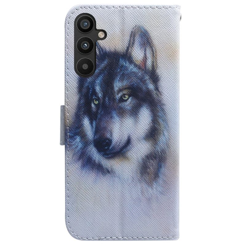 Folio-hoesje voor Samsung Galaxy A34 5G Met Ketting Strappy Aquarel Wolf