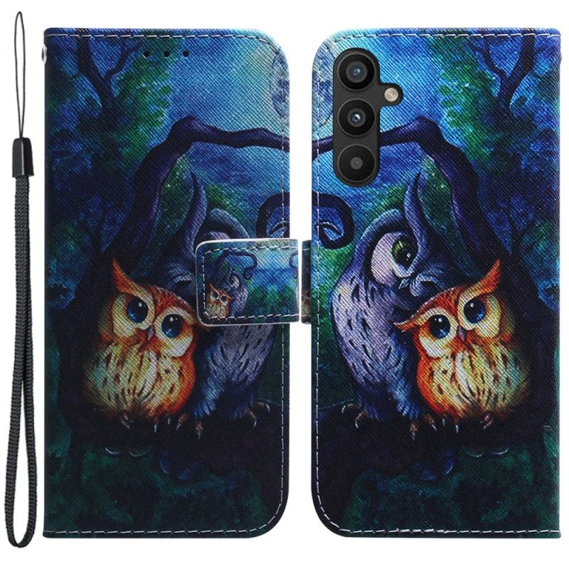 Folio-hoesje voor Samsung Galaxy A34 5G Met Ketting Strappy Uilen Schilderen