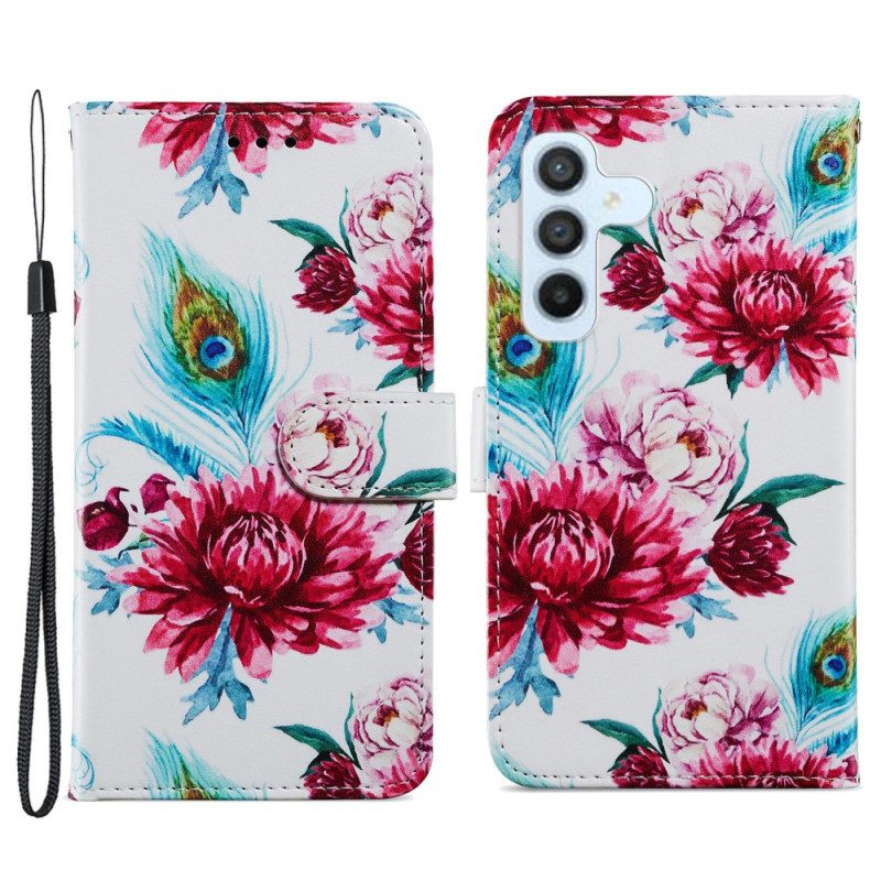 Leren Hoesje voor Samsung Galaxy A34 5G Met Ketting Bloemenfantasie Met Bandjes