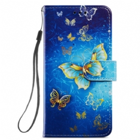 Leren Hoesje voor Samsung Galaxy A34 5G Met Ketting Gouden Vlinders Met Riem