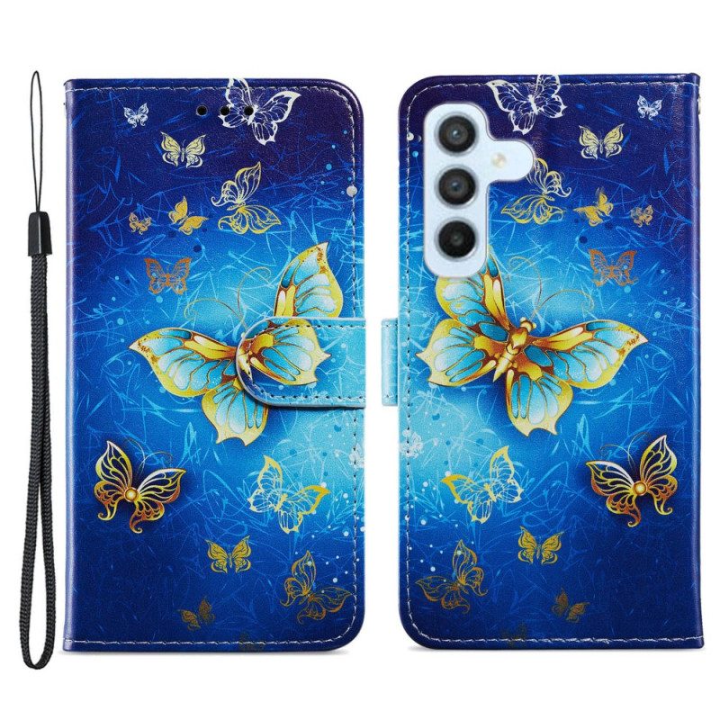 Leren Hoesje voor Samsung Galaxy A34 5G Met Ketting Gouden Vlinders Met Riem