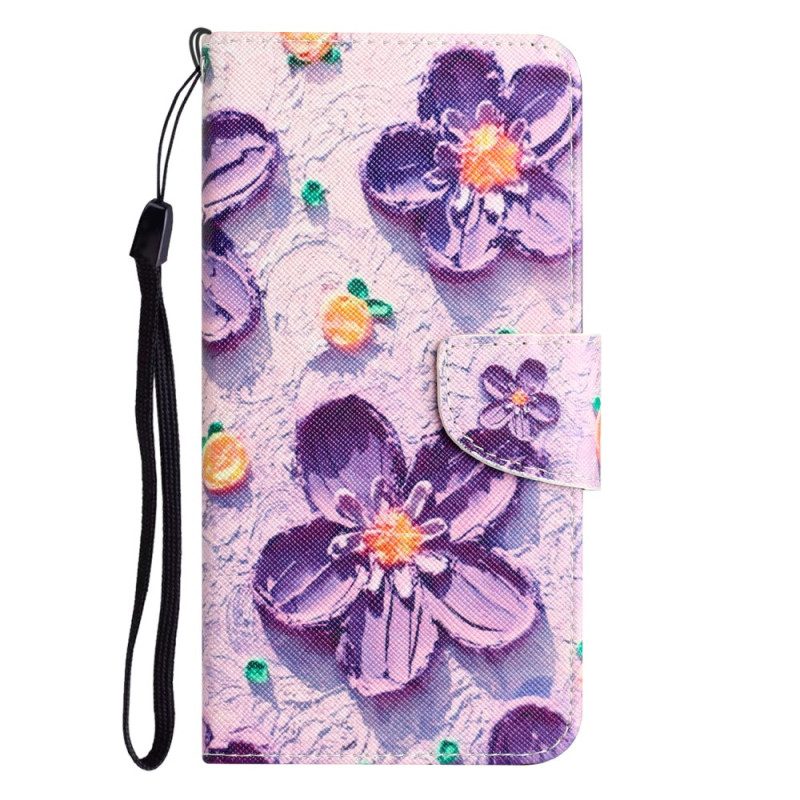 Leren Hoesje voor Samsung Galaxy A34 5G Met Ketting Mooie Strappy Bloemen