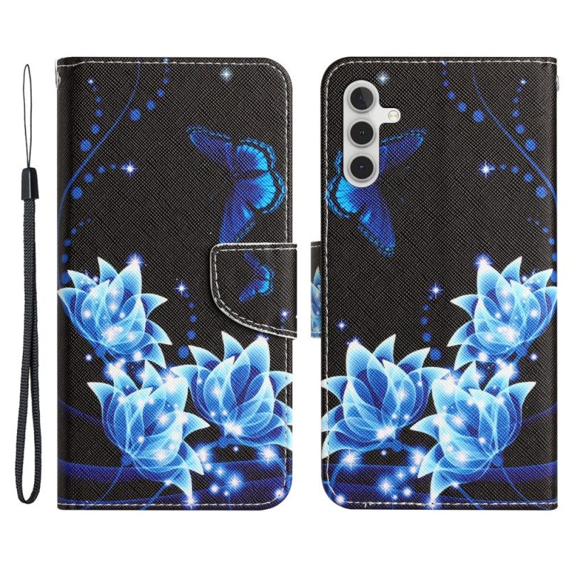 Leren Hoesje voor Samsung Galaxy A34 5G Met Ketting Mooie Strappy Bloemen