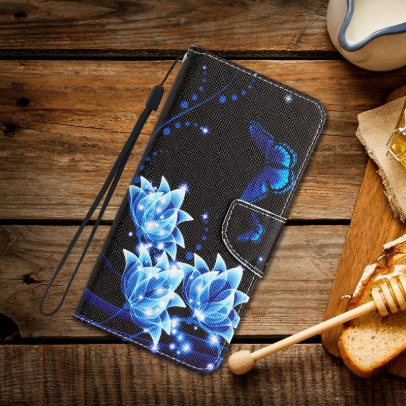 Leren Hoesje voor Samsung Galaxy A34 5G Met Ketting Mooie Strappy Bloemen