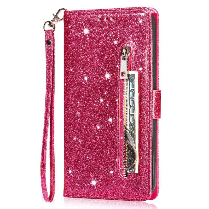 Flip Case Leren Samsung Galaxy Z Fold 5 Glittertasje Met Riempje