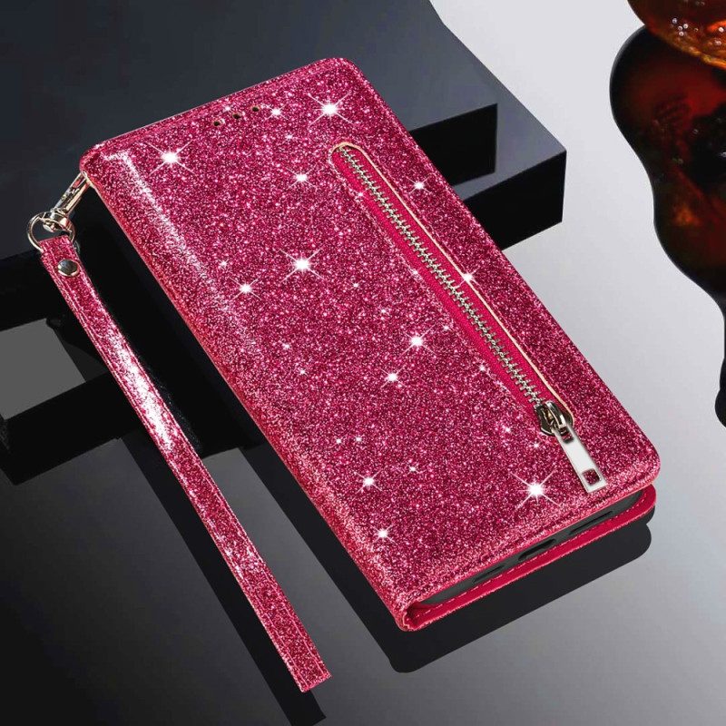 Flip Case Leren Samsung Galaxy Z Fold 5 Glittertasje Met Riempje