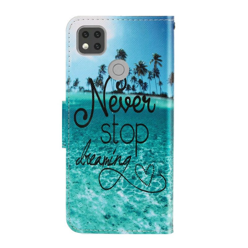 Folio-hoesje voor Xiaomi Redmi 9C Met Ketting Stop Nooit Met Dromen In Marineblauwe Bandjes