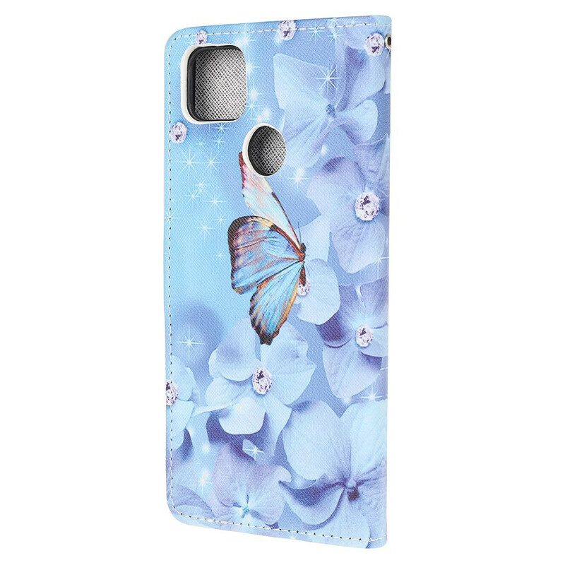 Folio-hoesje voor Xiaomi Redmi 9C Met Ketting Strappy Diamanten Vlinders