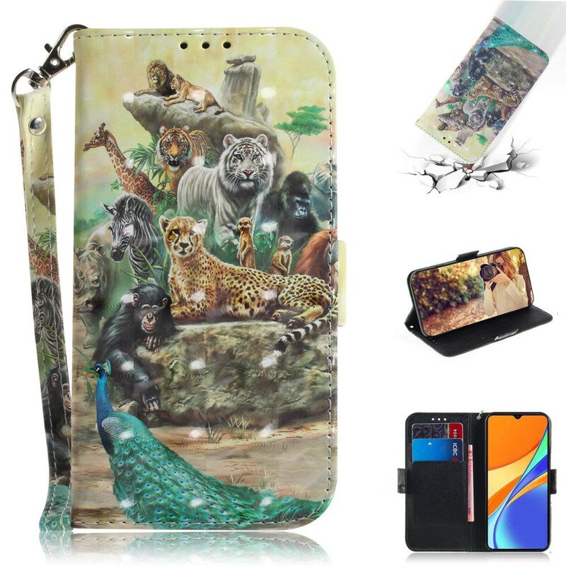 Folio-hoesje voor Xiaomi Redmi 9C Met Ketting String Safari Dieren