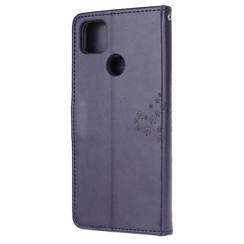 Leren Hoesje voor Xiaomi Redmi 9C Met Ketting String Boom En Uilen