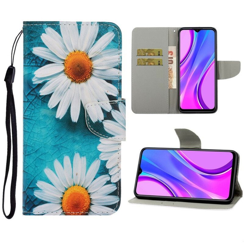 Leren Hoesje voor Xiaomi Redmi 9C Met Ketting String Madeliefjes