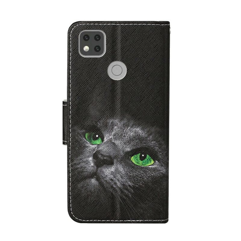 Leren Hoesje voor Xiaomi Redmi 9C Zwarte Kat Groene Ogen