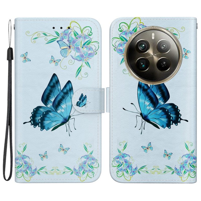 Leren Hoesje Realme 12 Pro / 12 Pro Plus Blauwe Vlinder En Bloemen Met Riempje