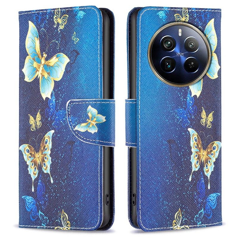 Leren Hoesje Realme 12 Pro / 12 Pro Plus Gouden Vlinders Bescherming Hoesje