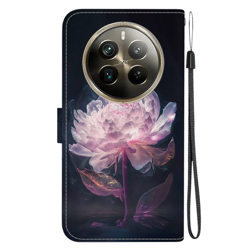 Leren Hoesje Realme 12 Pro / 12 Pro Plus Paarse Pioen Met Riem