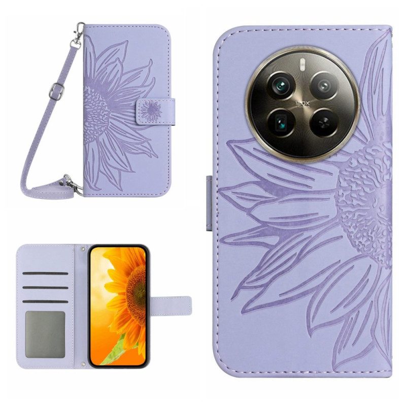 Leren Hoesje Realme 12 Pro / 12 Pro Plus Zonnebloemprint Met Schouderband Bescherming Hoesje