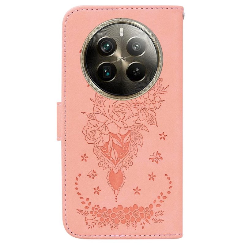 Leren Hoesje Voor Realme 12 Pro / 12 Pro Plus Rozen En Vlinders Met Riem