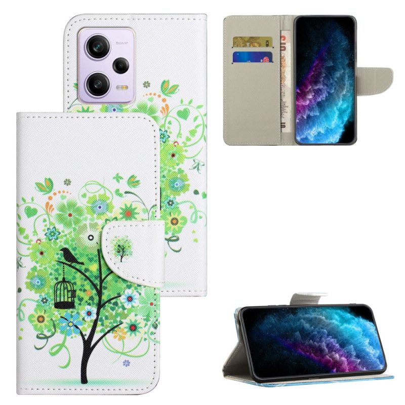 Folio-hoesje voor Xiaomi Redmi Note 12 5G Met Ketting Groene Gebladerte Riem Boom