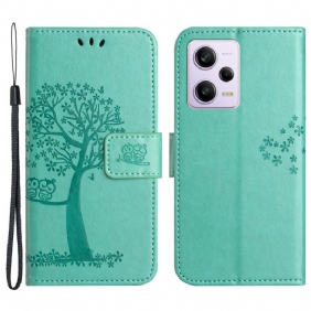 Folio-hoesje voor Xiaomi Redmi Note 12 5G Met Ketting String Boom En Uilen