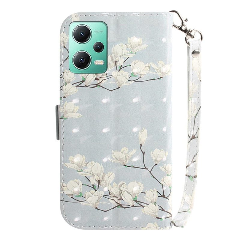 Folio-hoesje voor Xiaomi Redmi Note 12 5G Met Ketting Witte Bloemen Met Bandjes