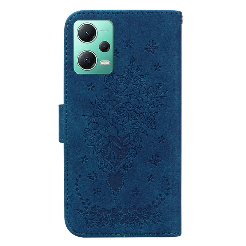 Leren Hoesje voor Xiaomi Redmi Note 12 5G Met Ketting Strappy Rozen En Vlinders