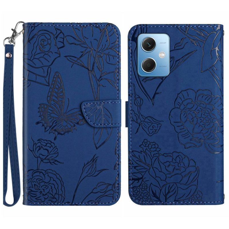 Leren Hoesje voor Xiaomi Redmi Note 12 5G Vlinders En Lanyard