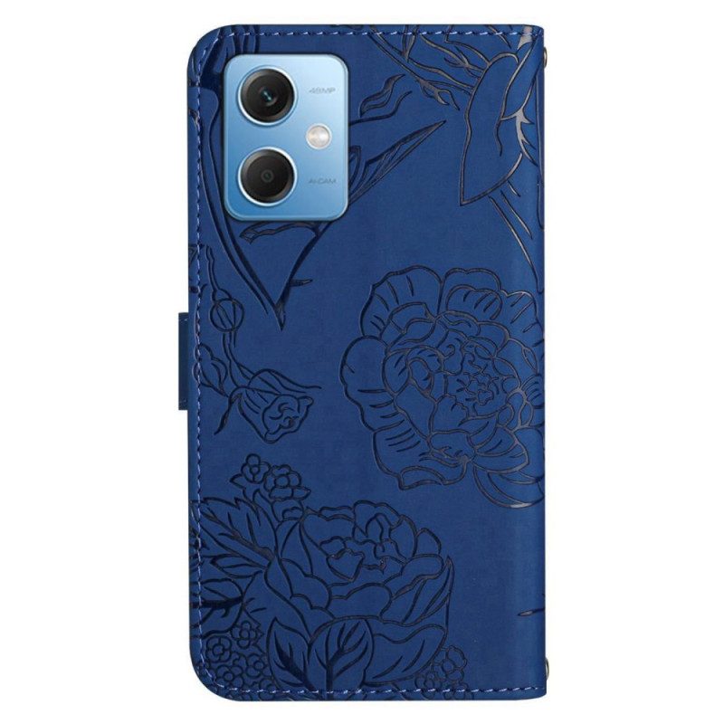 Leren Hoesje voor Xiaomi Redmi Note 12 5G Vlinders En Lanyard