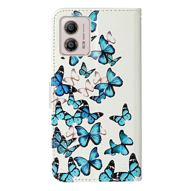 Flip Case voor Moto G73 5G Met Ketting Blauwe Vlinders In Riemvlucht