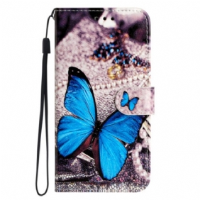 Flip Case voor Moto G73 5G Met Ketting Kostbare Blauwe Vlinder Met Riem