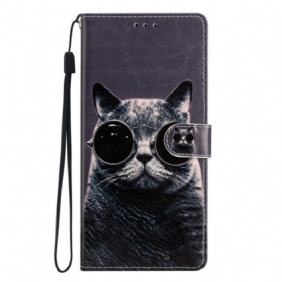 Folio-hoesje voor Moto G73 5G Met Ketting Bril Met Bandjes Cat