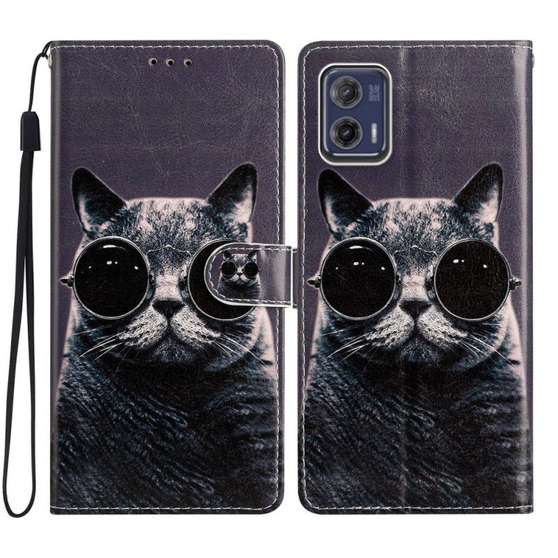 Folio-hoesje voor Moto G73 5G Met Ketting Bril Met Bandjes Cat