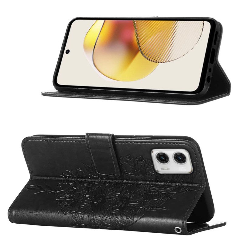 Folio-hoesje voor Moto G73 5G Met Ketting Strappy Bloemenvlinder