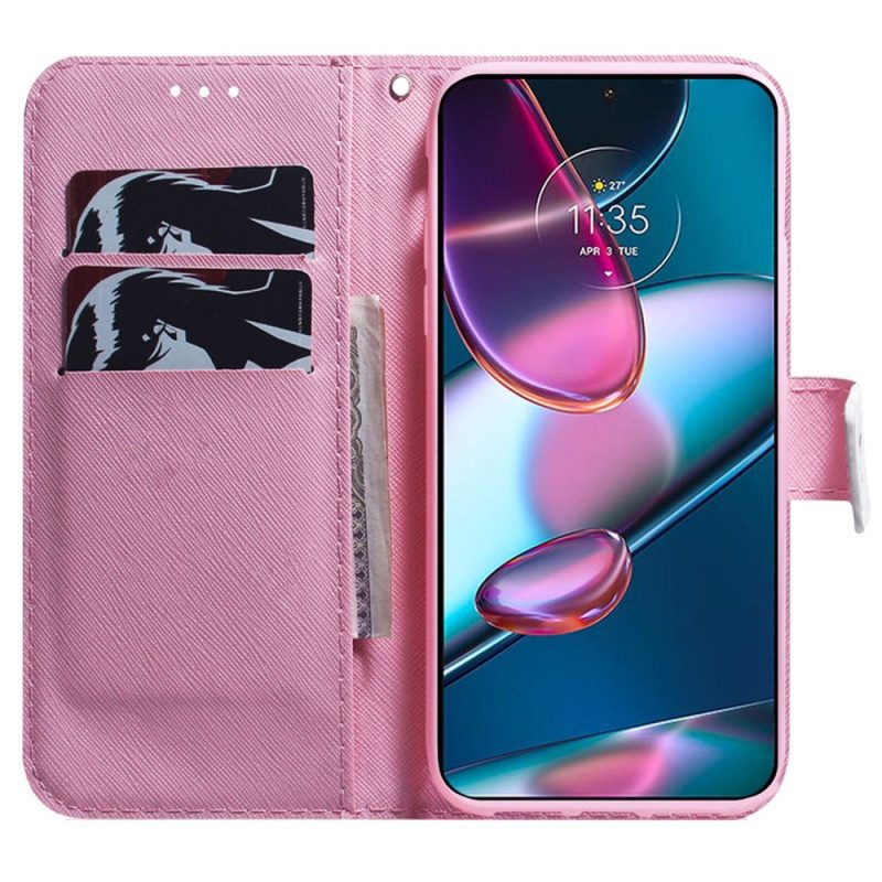 Folio-hoesje voor Moto G73 5G Met Ketting Strappy Roze Bloem