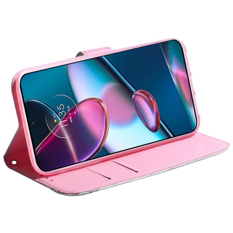 Folio-hoesje voor Moto G73 5G Met Ketting Strappy Roze Bloem