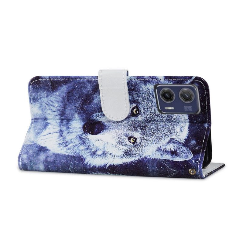 Leren Hoesje voor Moto G73 5G Met Ketting Lanyard Wolf