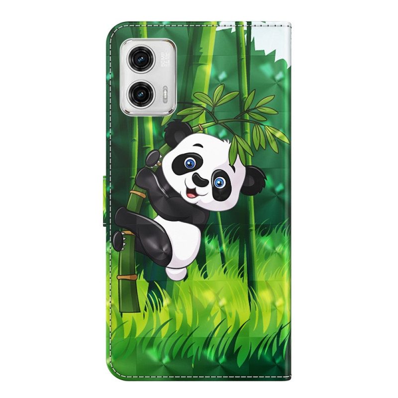 Leren Hoesje voor Moto G73 5G Met Ketting Panda En Bamboe Met Lanyard