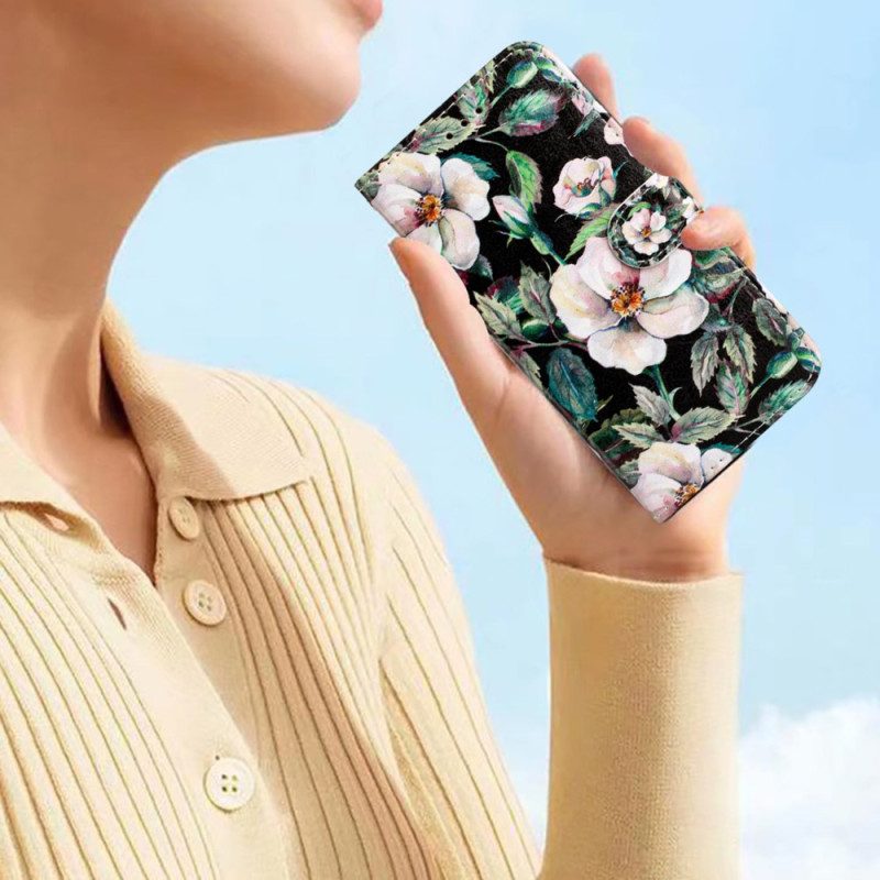 Leren Hoesje voor Moto G73 5G Met Ketting Riem Magnolia's