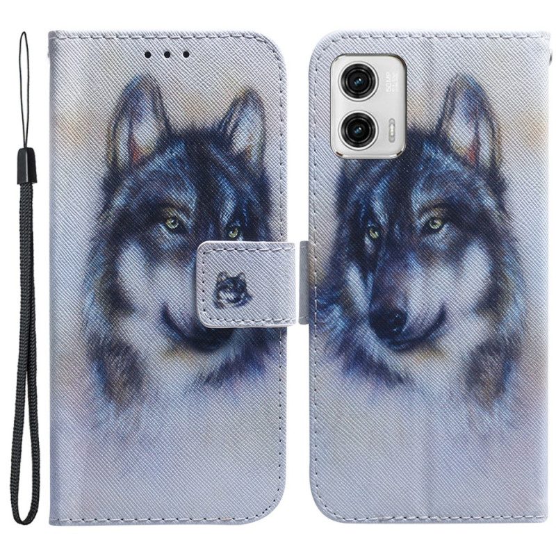 Leren Hoesje voor Moto G73 5G Met Ketting Strappy Aquarel Wolf