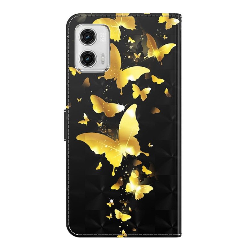 Leren Hoesje voor Moto G73 5G Met Ketting String Vlinders