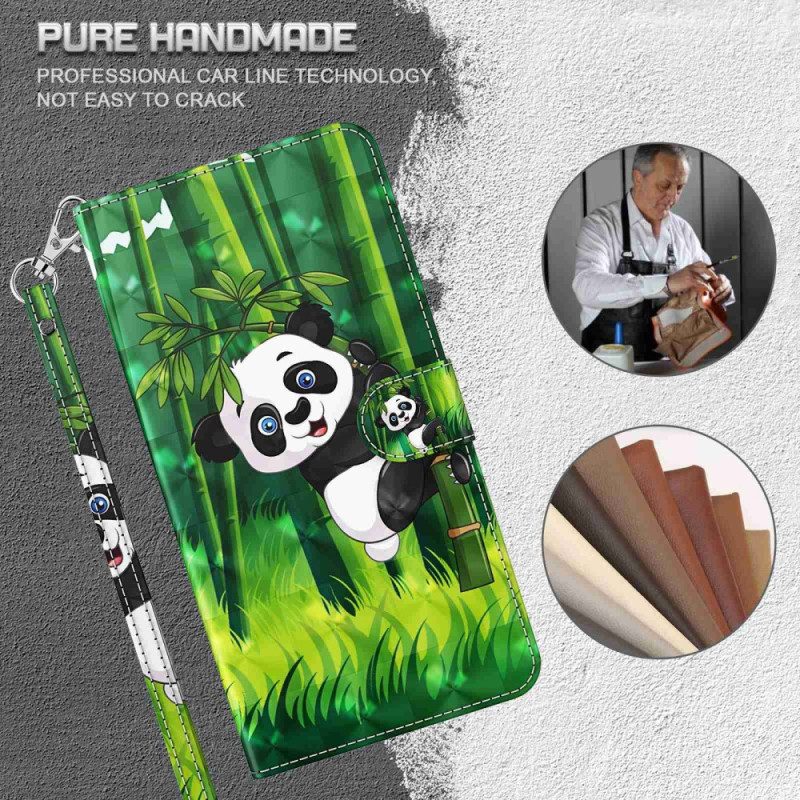 Leren Hoesje voor Samsung Galaxy M13 Panda En Bamboe Met Lanyard