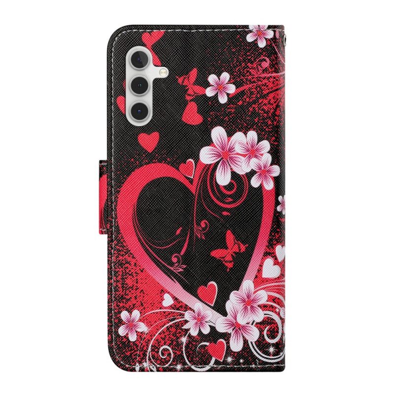 Flip Case voor Samsung Galaxy A54 5G Bloemen En Harten Met Sleutelkoord