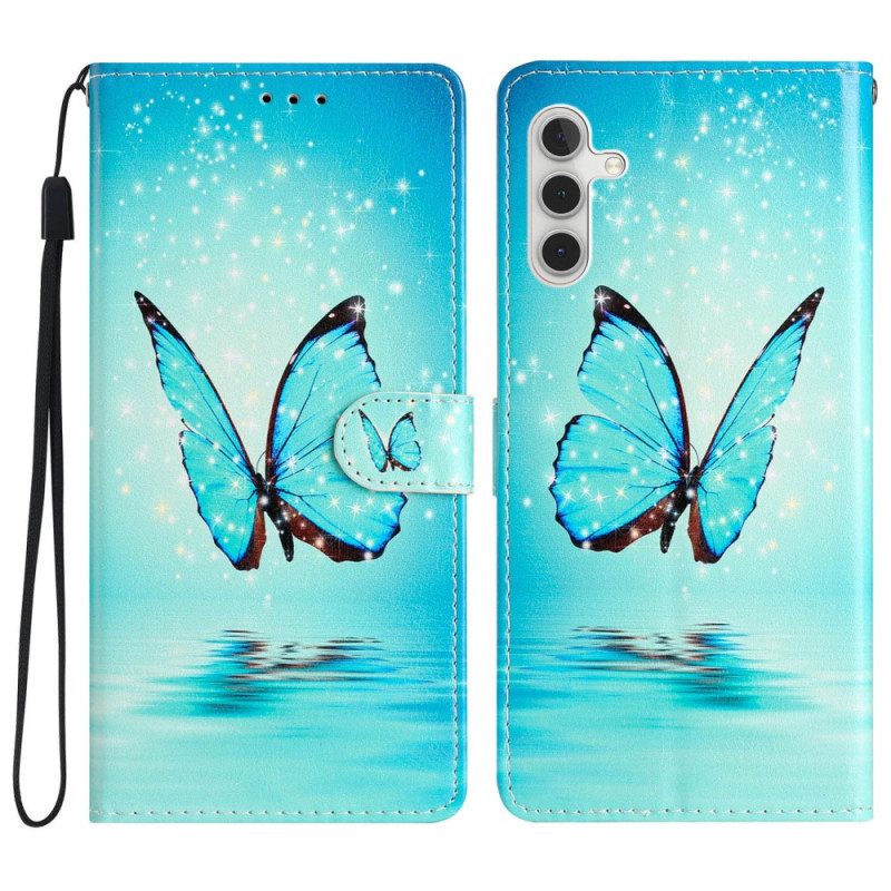 Folio-hoesje voor Samsung Galaxy A54 5G Met Ketting Blauwe Vlinder Met Riem