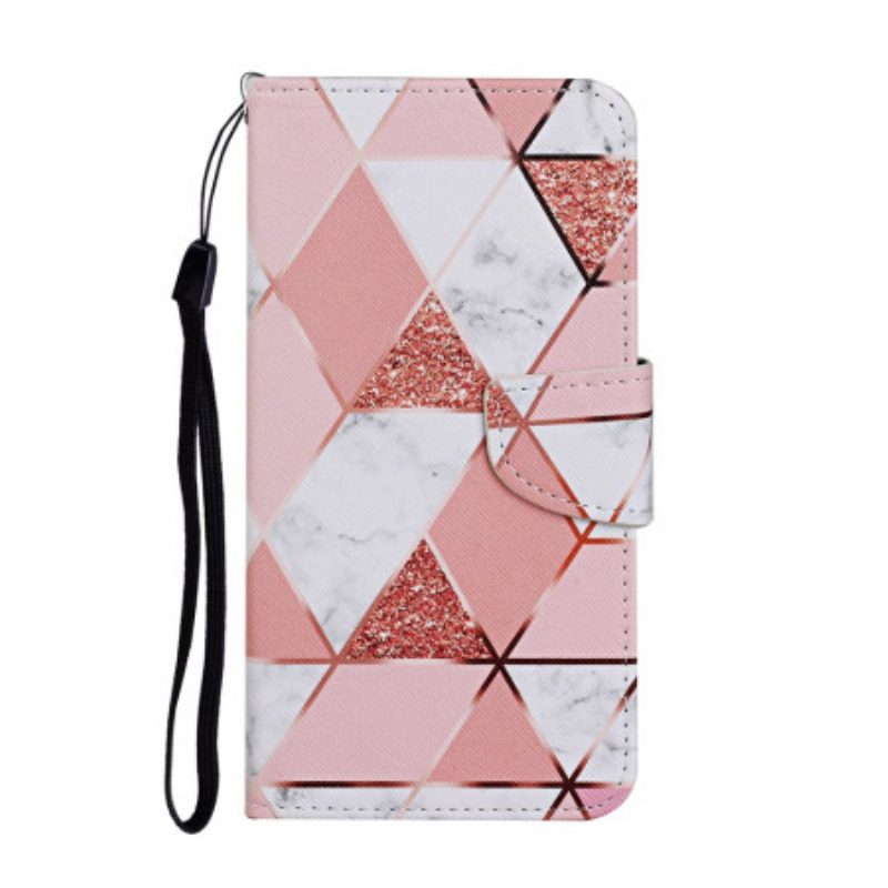 Folio-hoesje voor Samsung Galaxy A54 5G Met Ketting Marmer En Glitter Strappy