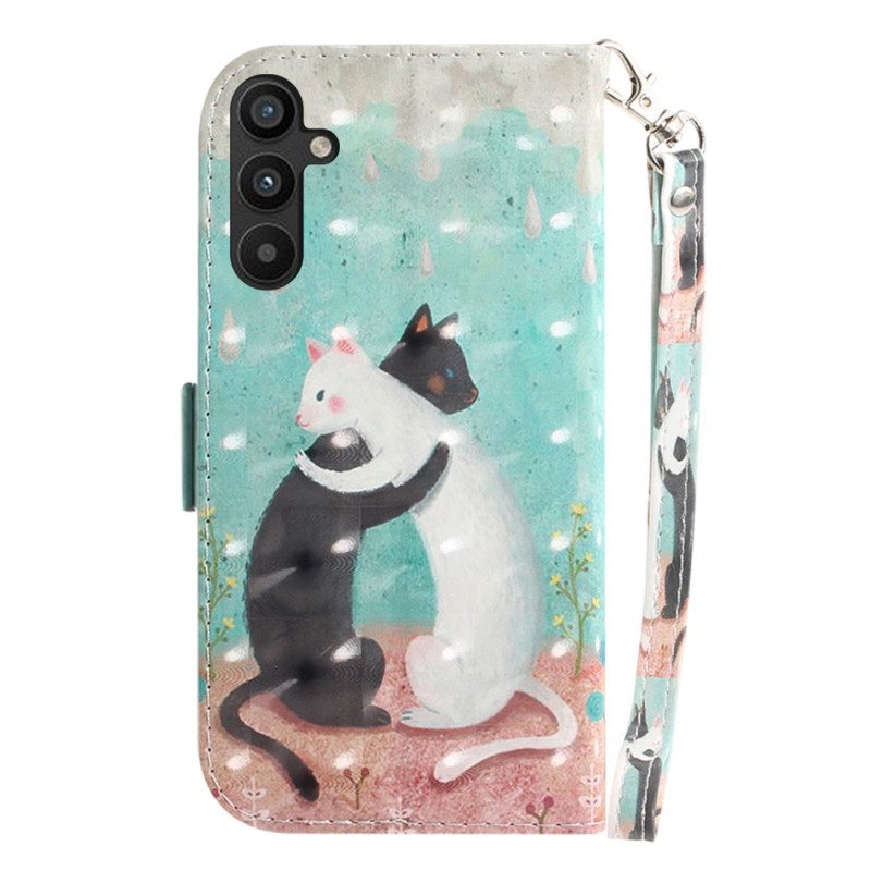 Leren Hoesje voor Samsung Galaxy A54 5G Met Ketting Kat Zwarte Kat Witte Kat Met Riem