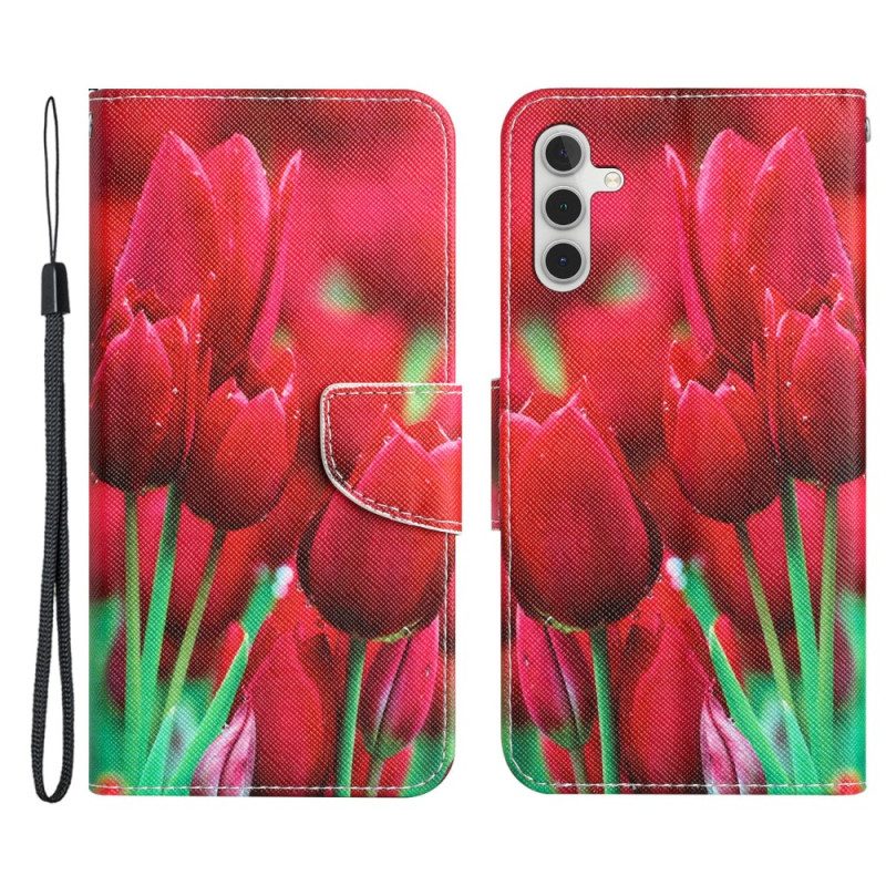 Leren Hoesje voor Samsung Galaxy A54 5G Met Ketting Riem Bloemen